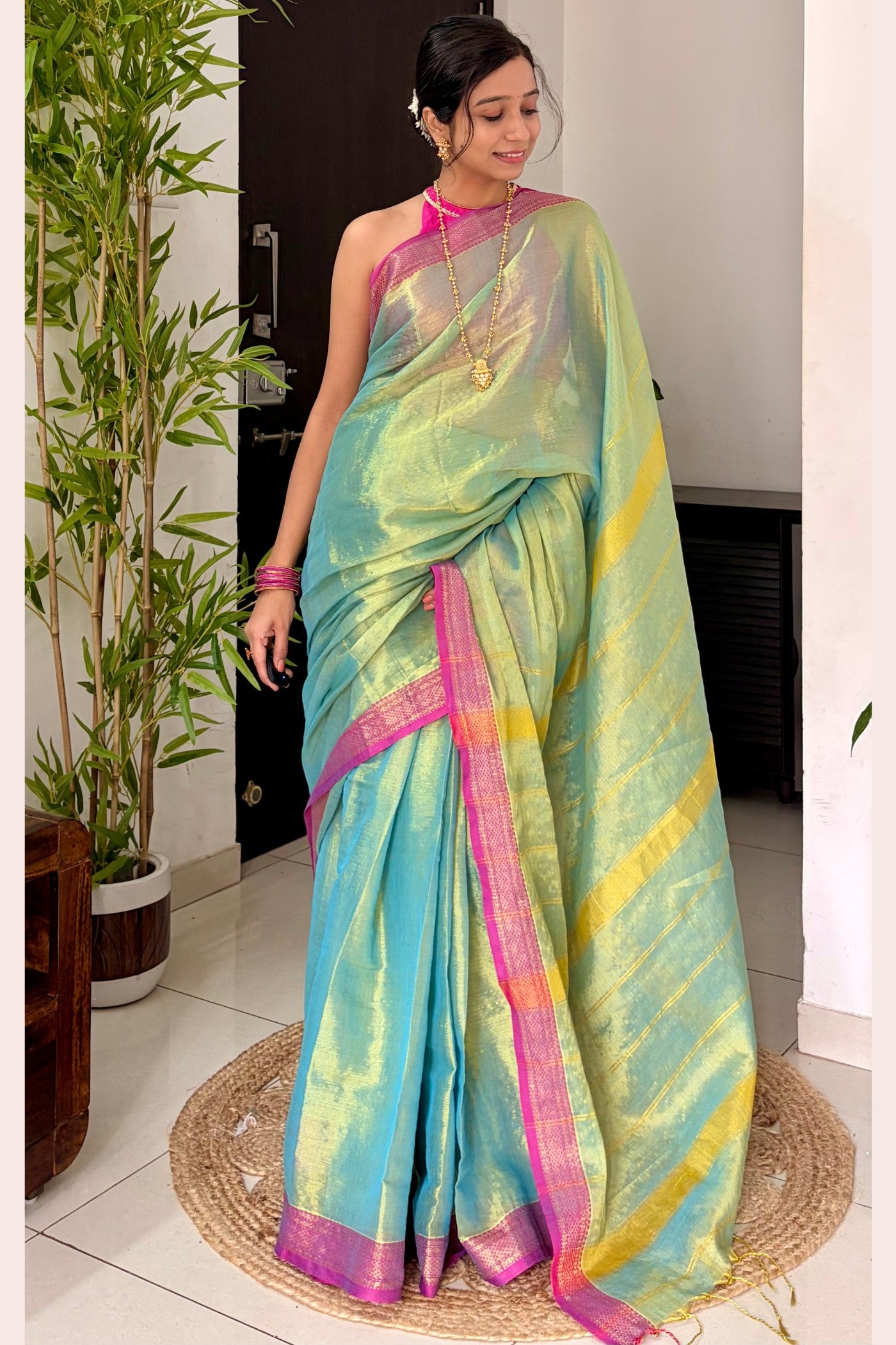 Buy MySilkLove Moss Green Tissue Woven Silk Saree Online