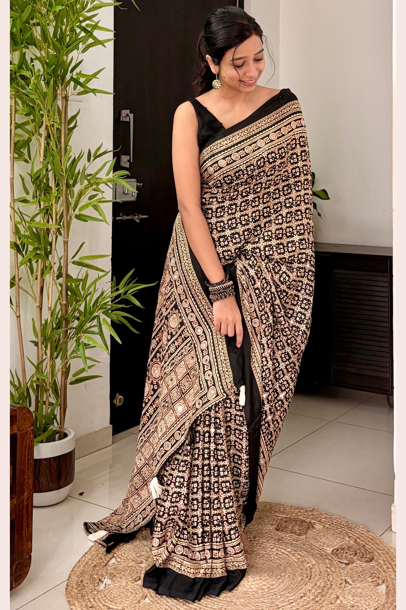 Buy MySilkLove Metal Black Modal Ajrakh Satin Printed Mirror Work Saree Online