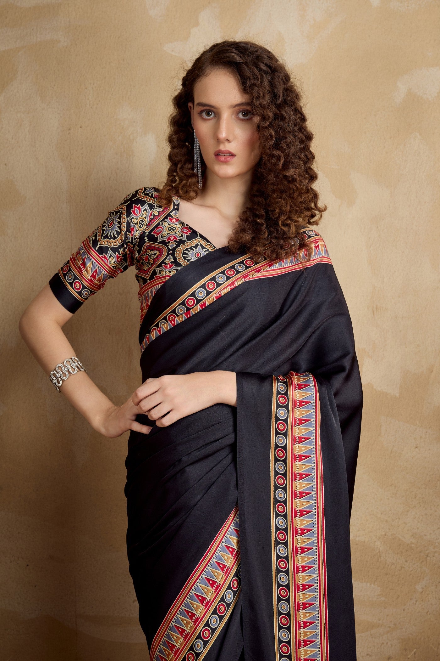 Buy MySilkLove Soot Black Ajrakh Printed Satin Crepe Silk Saree Online