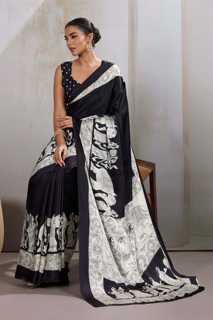 Buy MySilkLove Raven Black Modal Ajrakh Printed Satin Silk Saree Online