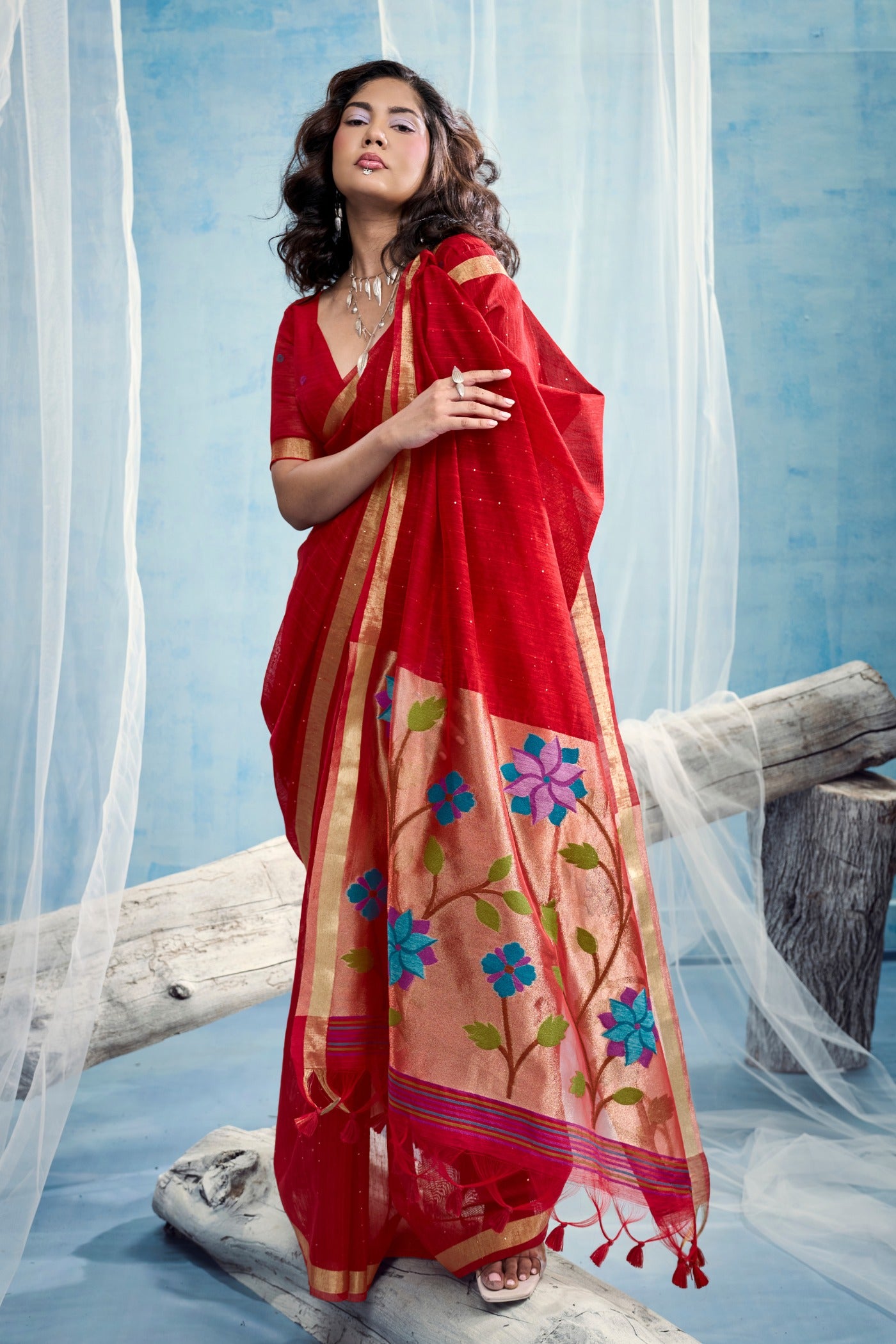 Buy MySilkLove Tomato Red Munga Handloom Tissue Pallu Saree Online