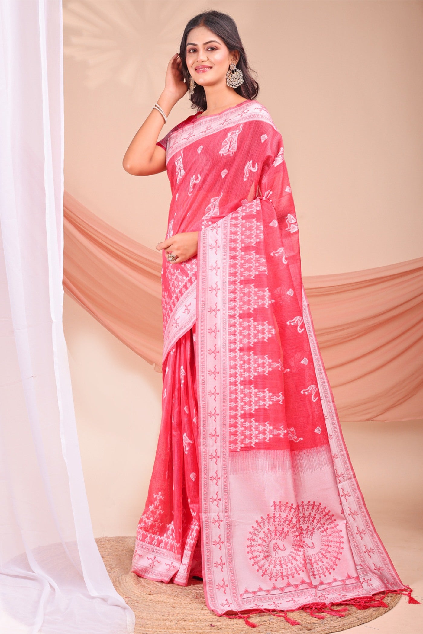 Buy MySilkLove Bright Rose Pink Woven Linen Cotton Saree Online
