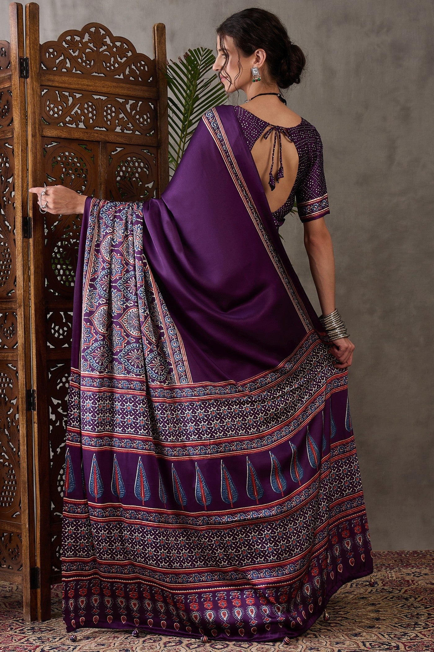 Buy MySilkLove Brinjal Purple Printed Satin Gaji Silk Saree Online