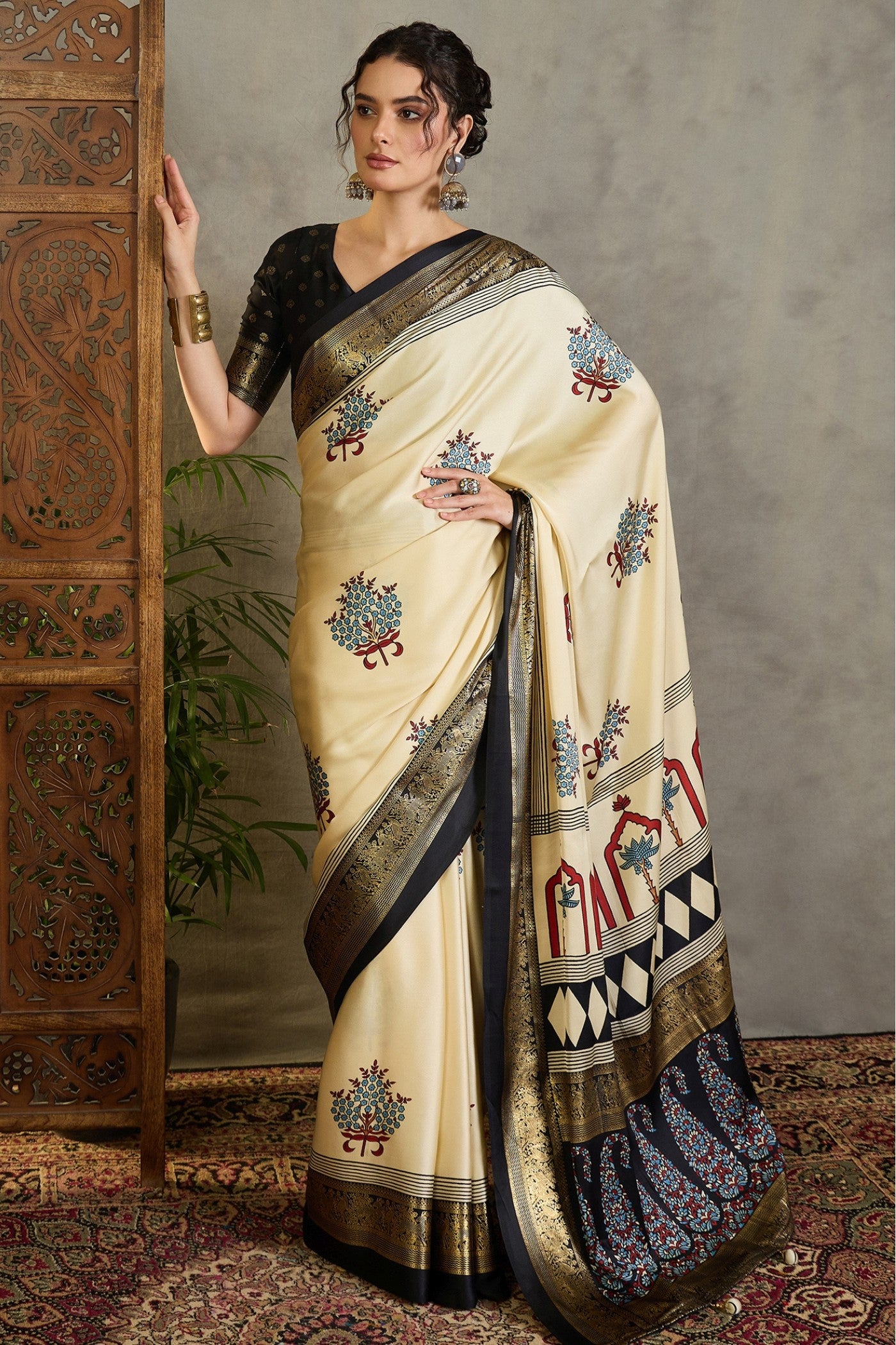 Buy MySilkLove Wheat Cream and Black Printed Satin Crepe Silk Saree Online