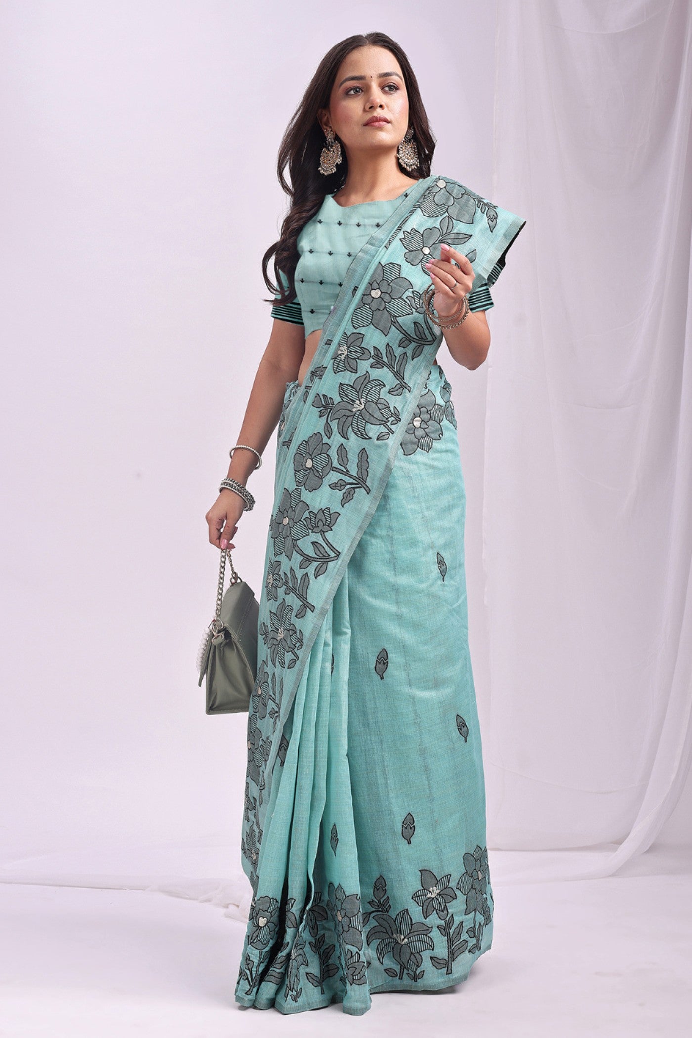 Buy MySilkLove Sea Blue Woven Linen Cotton Saree Online
