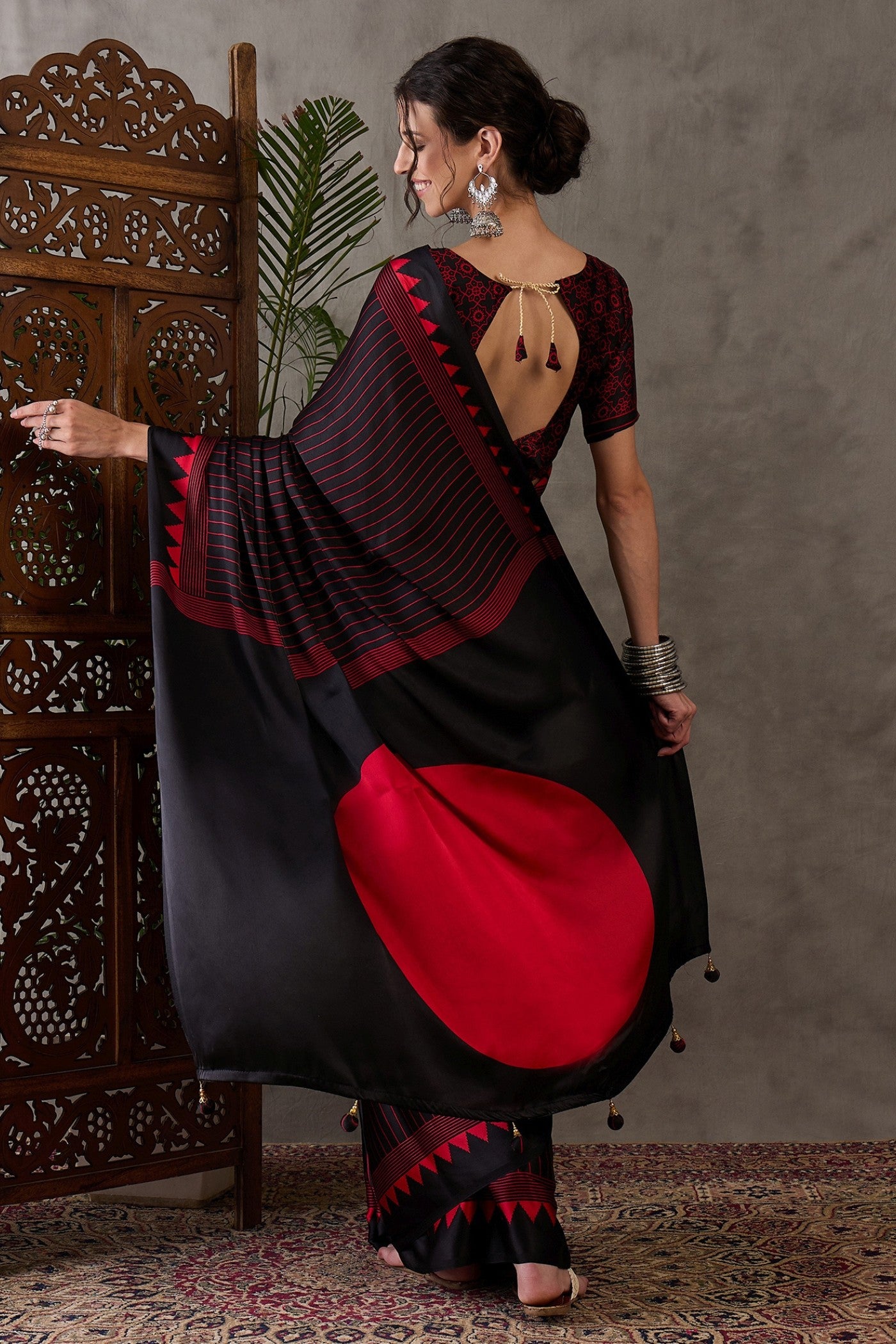 Buy MySilkLove Retro Black and Red Printed Satin Gaji Silk Saree Online