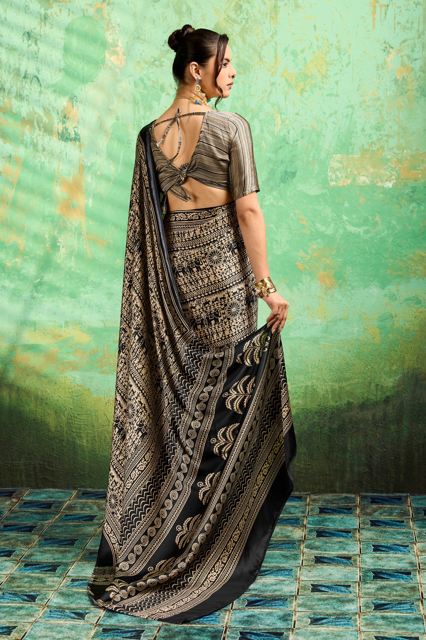 Buy MySilkLove Black Licorice Modal Satin Kalamkari Printed Saree Online