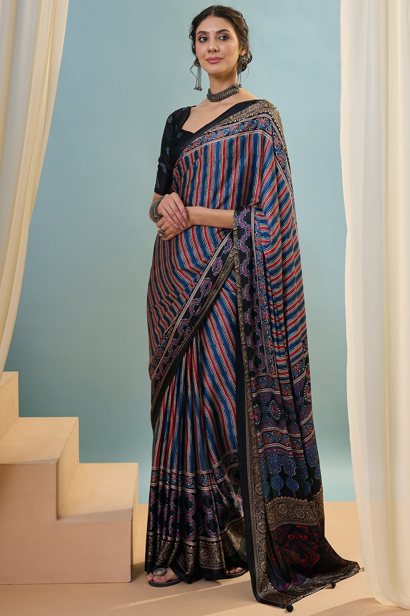 Buy MySilkLove Holo Blue Ajrakh Printed Satin Crepe Silk Saree Online