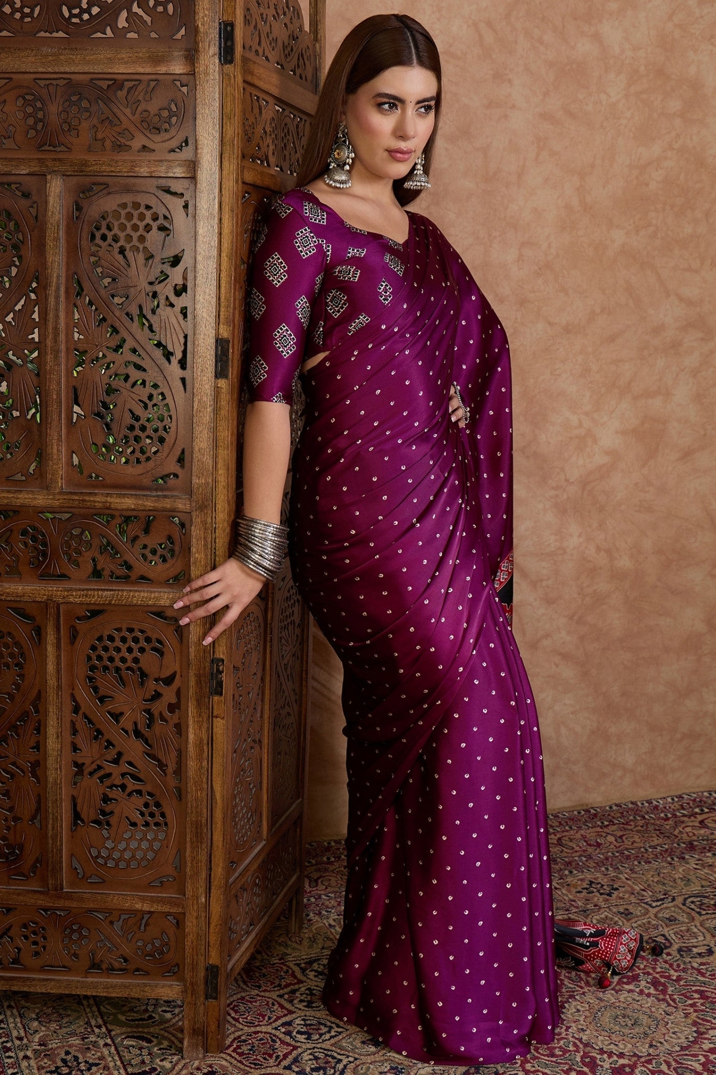 Buy MySilkLove Petunia Purple Ajrakh Printed Satin Crepe Silk Saree Online