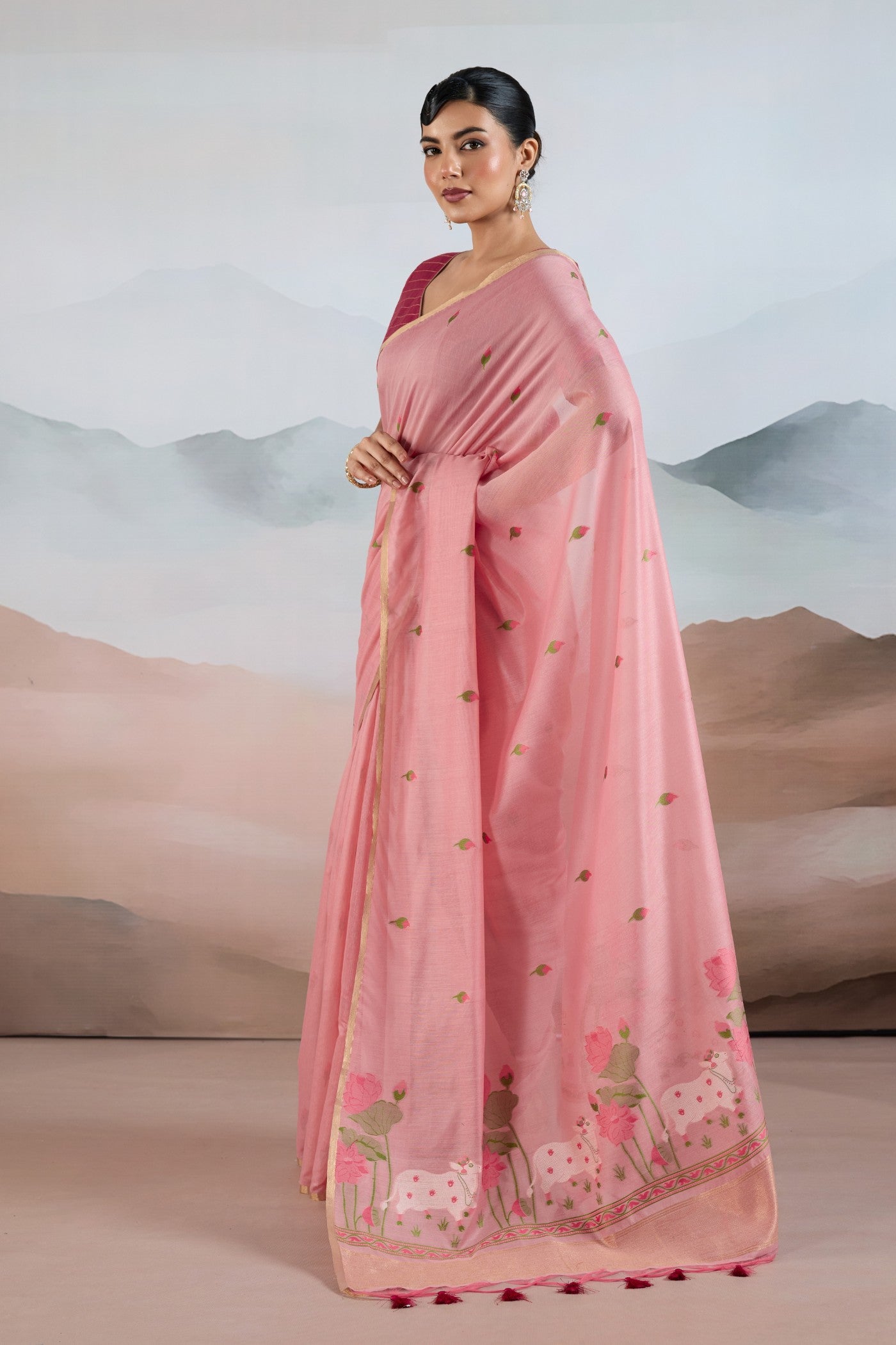 Buy MySilkLove French Rose Pink Cotton Handloom Pichwai Saree Online