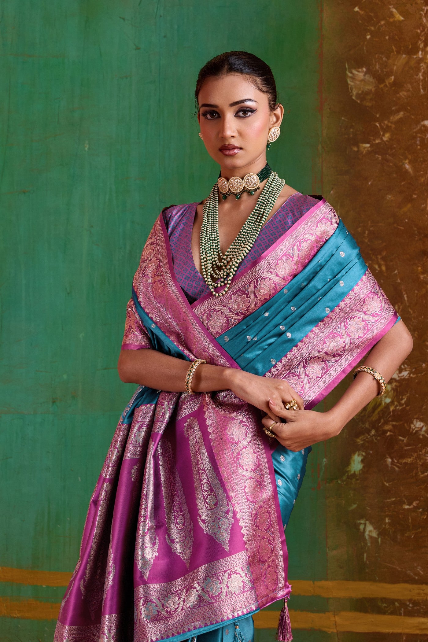 MySilkLove Font Blue Handloom Satin Silk Saree