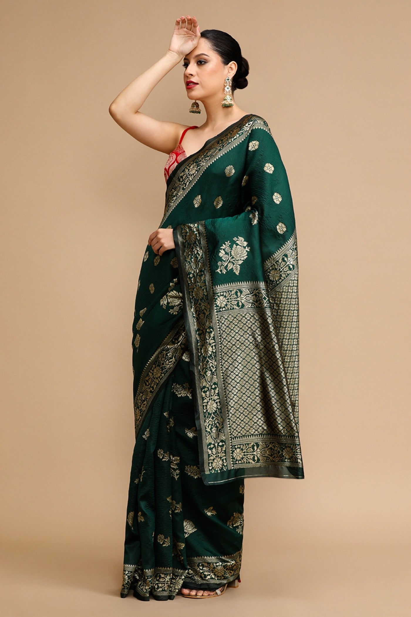 Buy MySilkLove Bottle Green Woven Jacquard Lichi Silk Saree Online