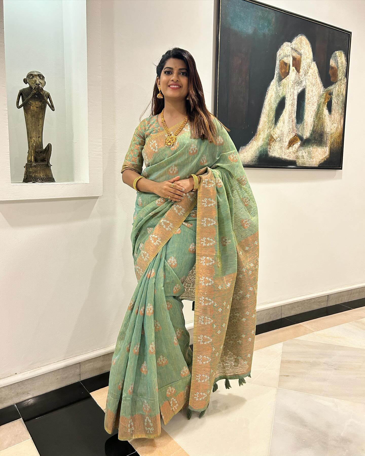 Buy MySilkLove Limed Ash Green Bronze Zari Woven Linen Silk Saree Online