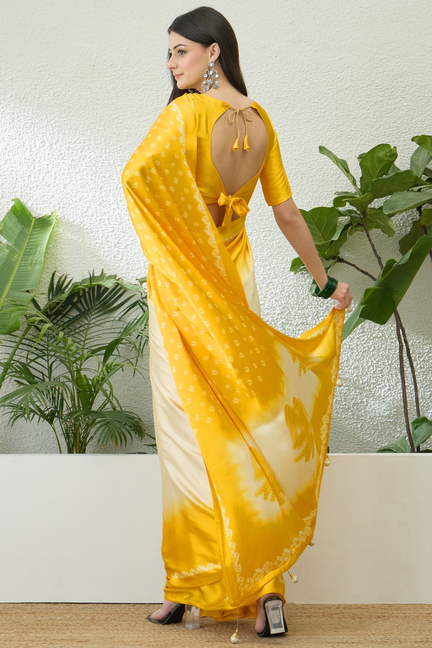 Buy MySilkLove Cyber Yellow Printed Satin Crepe Silk Saree Online
