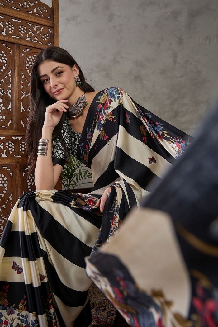 Buy MySilkLove Sisal Black Stripe Printed Floral Satin Gaji Silk Saree Online
