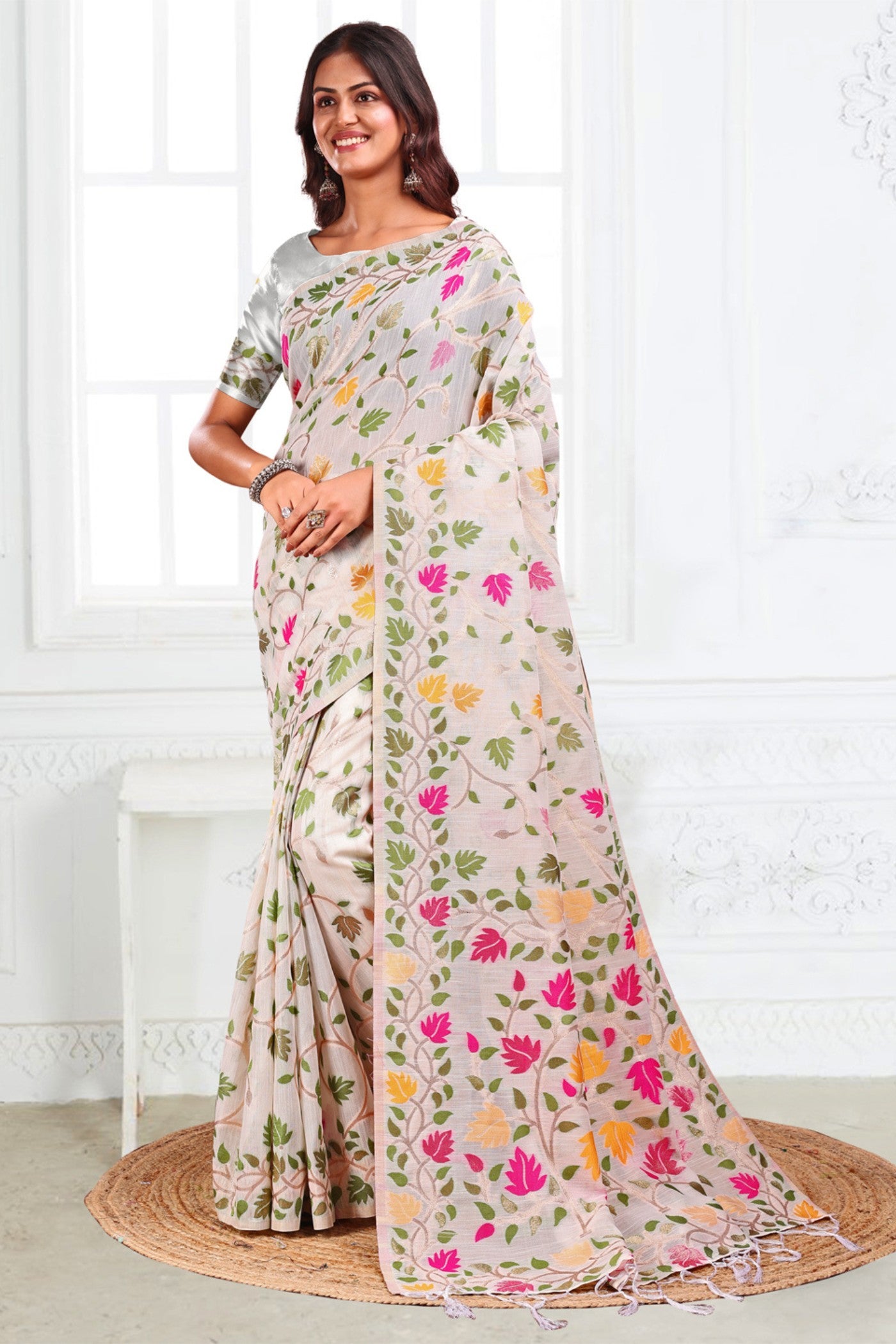 Buy MySilkLove Snow White Woven Linen Cotton Saree Online
