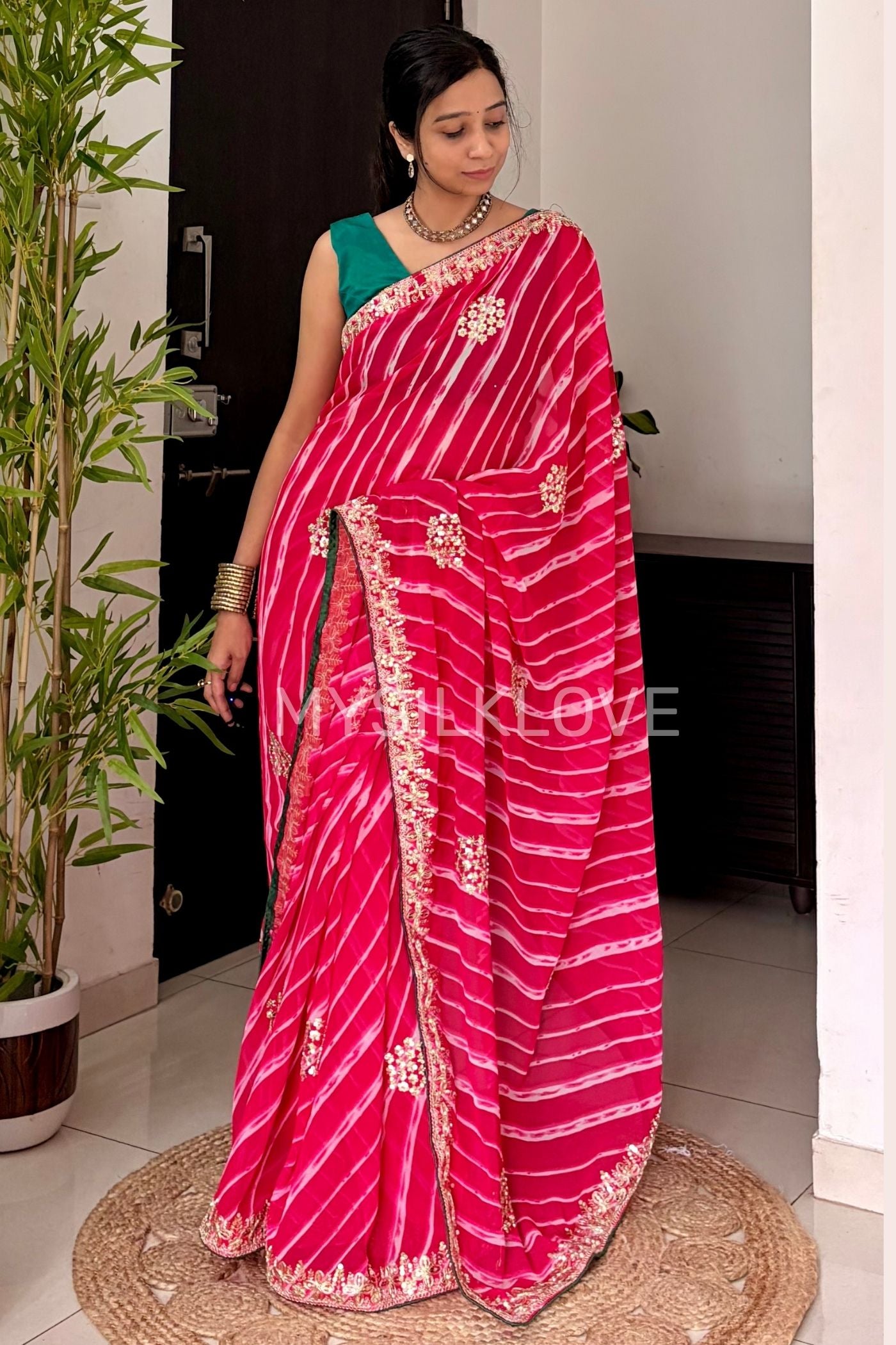 Buy MySilkLove Scarlet Pink Designer Bandhani Saree with Designer Handwork Blouse Online