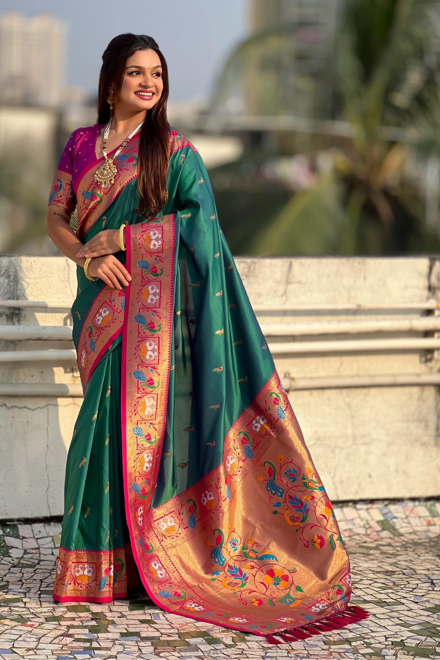 Buy MySilkLove Forest Green Zari Woven Paithani Saree Online