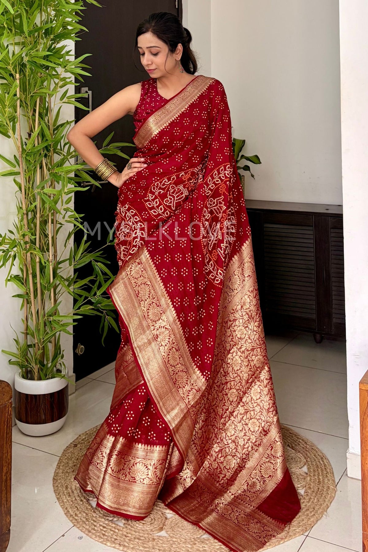 Buy MySilkLove Rust Red Bandhani Zari Woven Work Saree Online