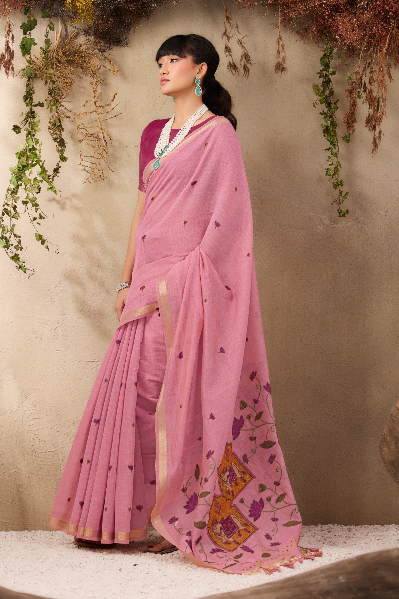 Buy MySilkLove Rose Pink Handloom Cotton Saree Online