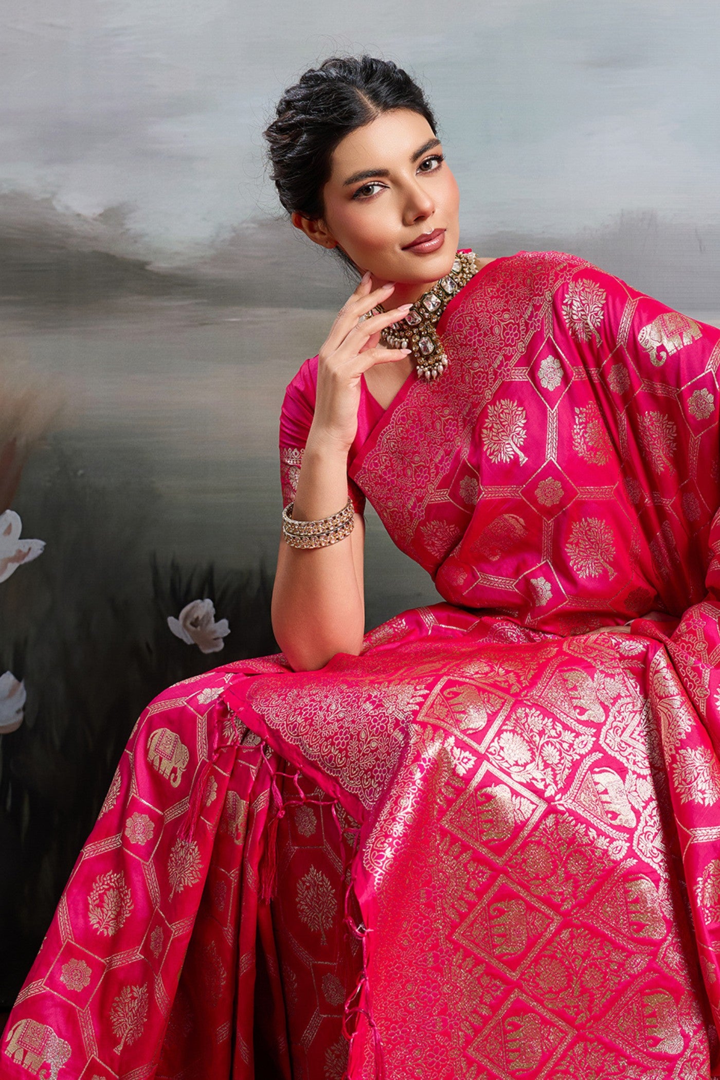 Buy MySilkLove Pizzazz Pink Woven Banarasi Soft Silk Saree Online