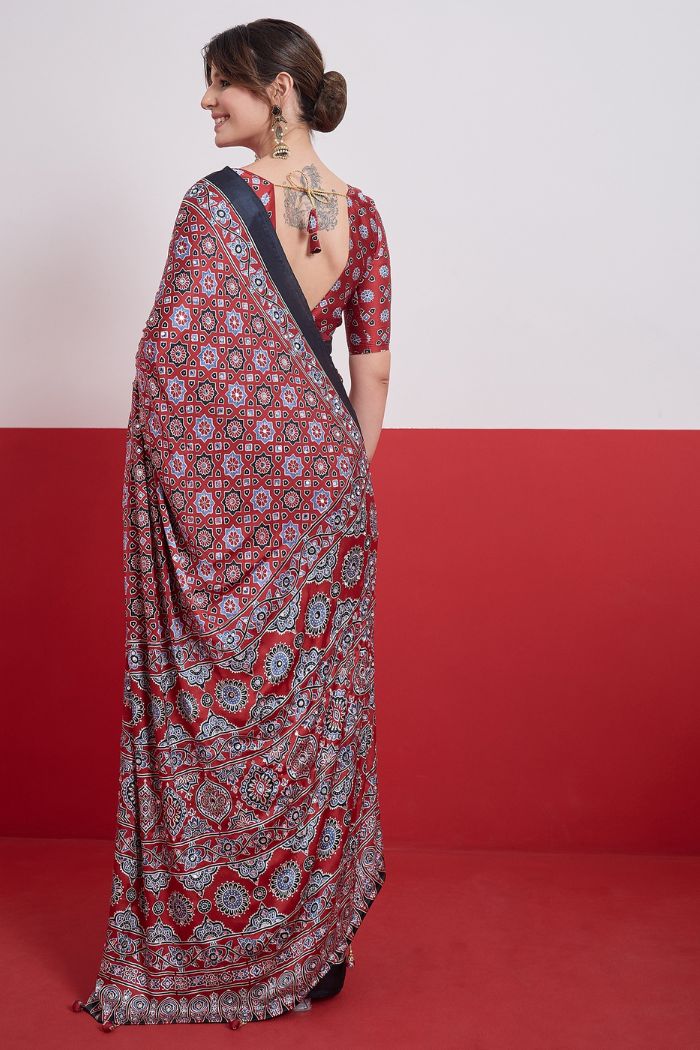Buy MySilkLove Burgundy Maroon Modal Ajrakh Satin Printed Mirror Work Saree Online