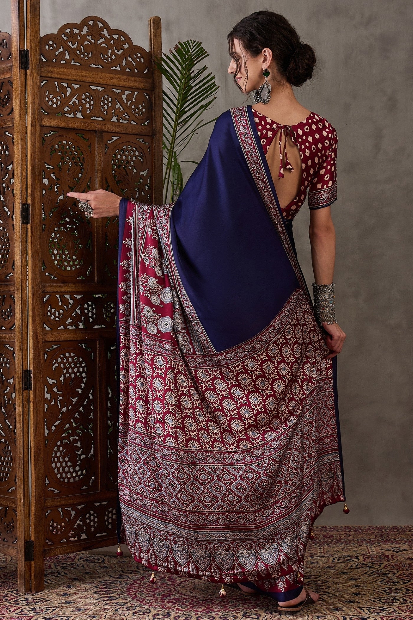 Buy MySilkLove Navy Blue Printed Satin Gaji Silk Saree Online