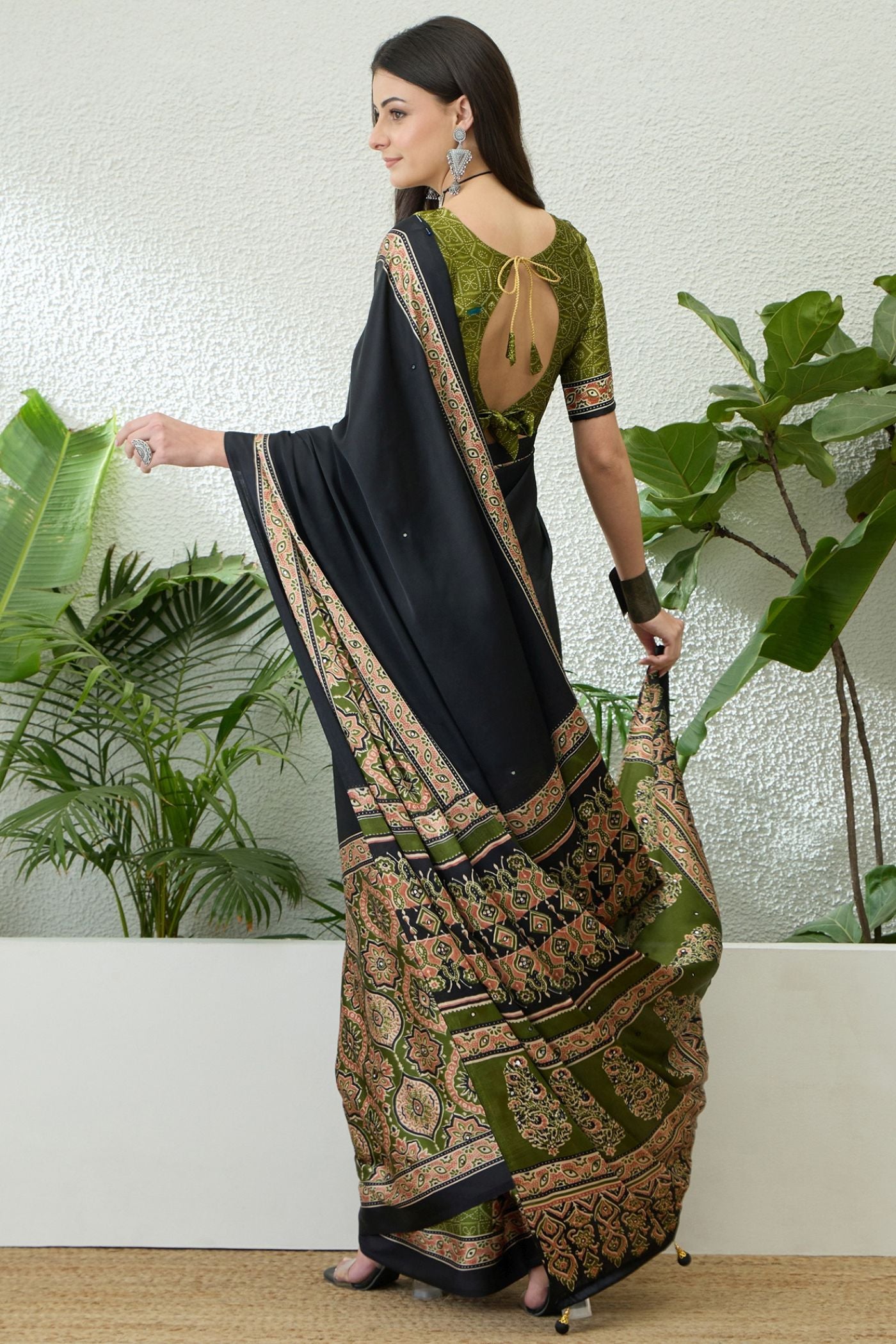 Buy MySilkLove Enigma Black and Green Modal Ajrakh Satin Printed Silk Saree Online