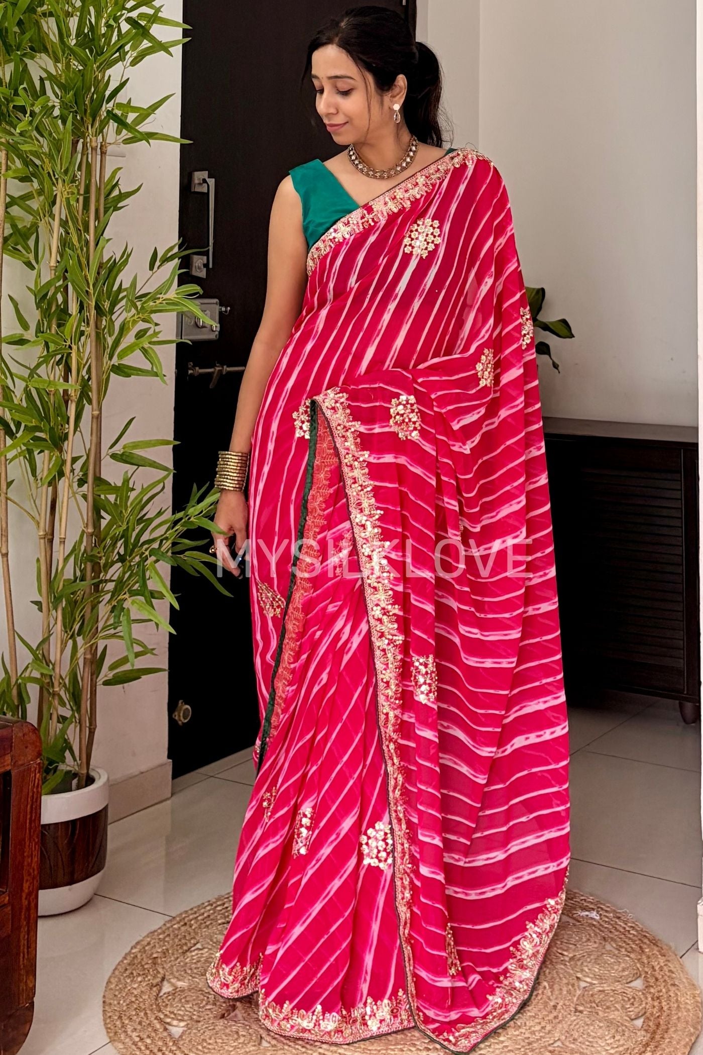 Buy MySilkLove Scarlet Pink Designer Bandhani Saree with Designer Handwork Blouse Online