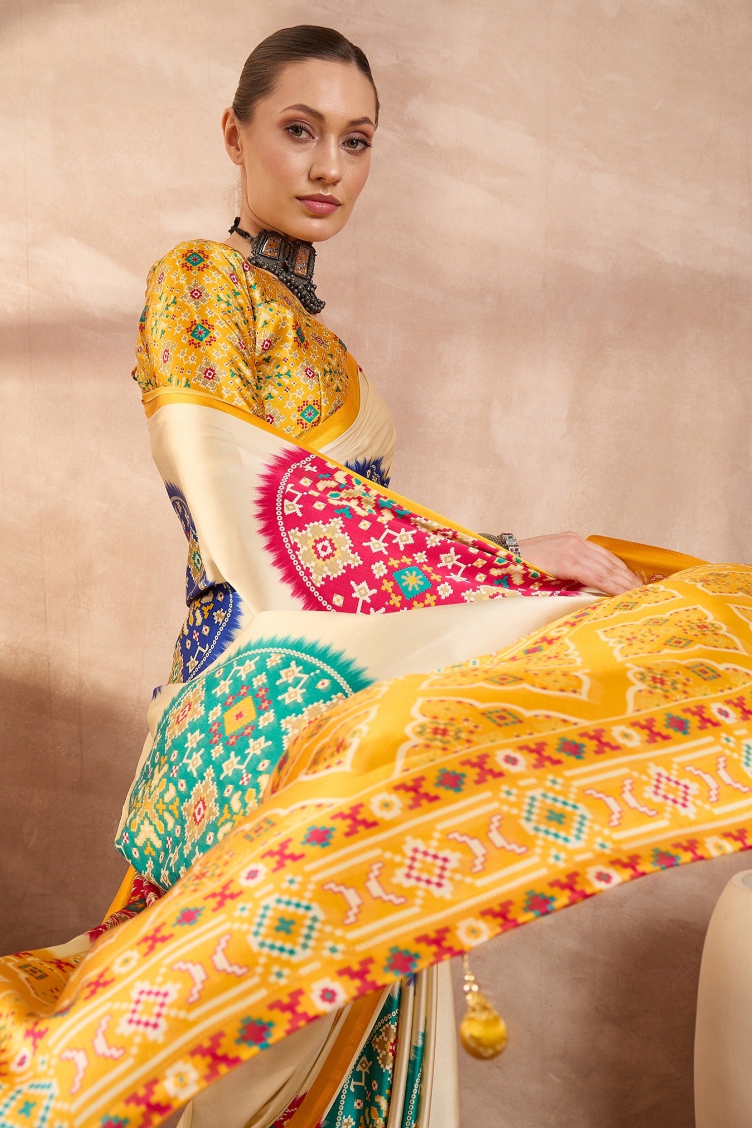 Buy MySilkLove Seashell Cream and Yellow Modal Ajrakh Printed Silk Saree Online
