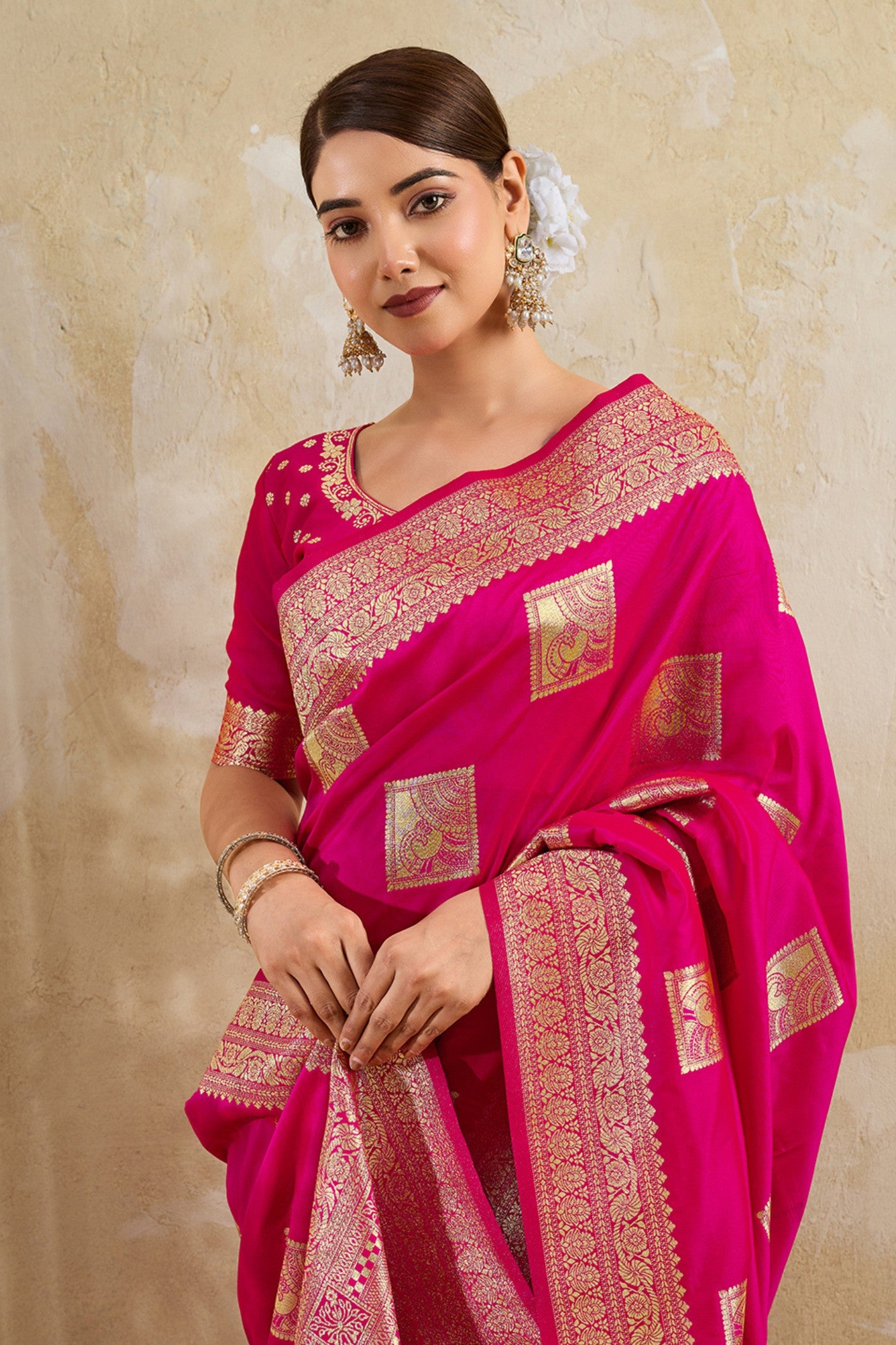 Buy MySilkLove Barbie Pink Woven Banarasi Soft Silk Saree Online