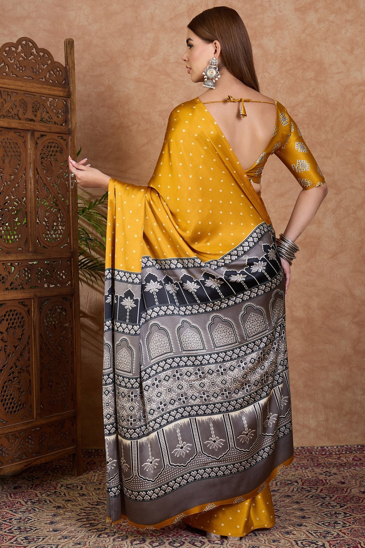 Buy MySilkLove Royal Yellow Ajrakh Printed Satin Crepe Silk Saree Online