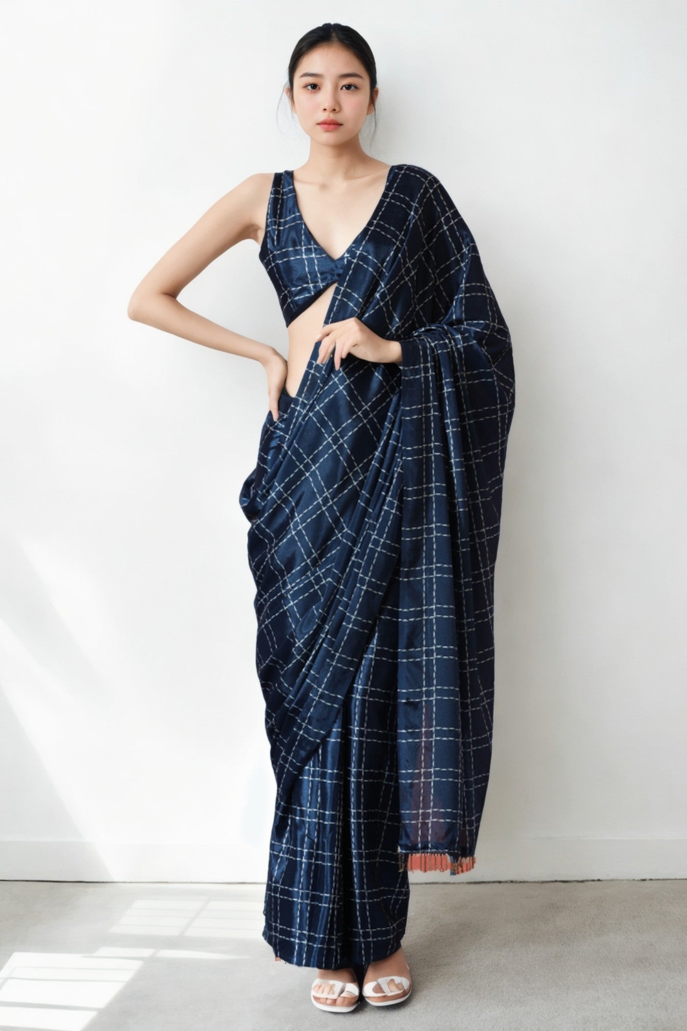 Buy MySilkLove Space Blue Chinon Printed Ready To Wear Saree Online