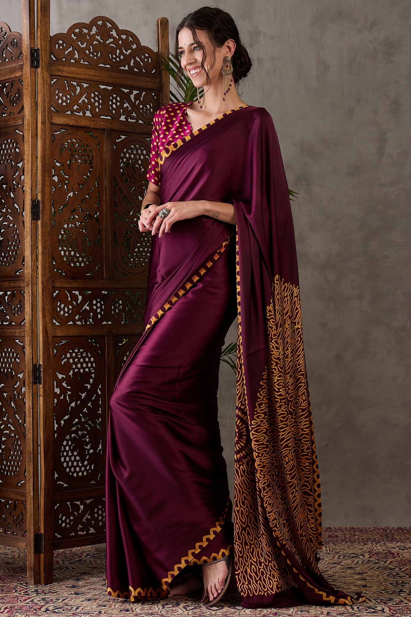 Buy MySilkLove Burgundy Maroon Printed Satin Gaji Silk Saree Online