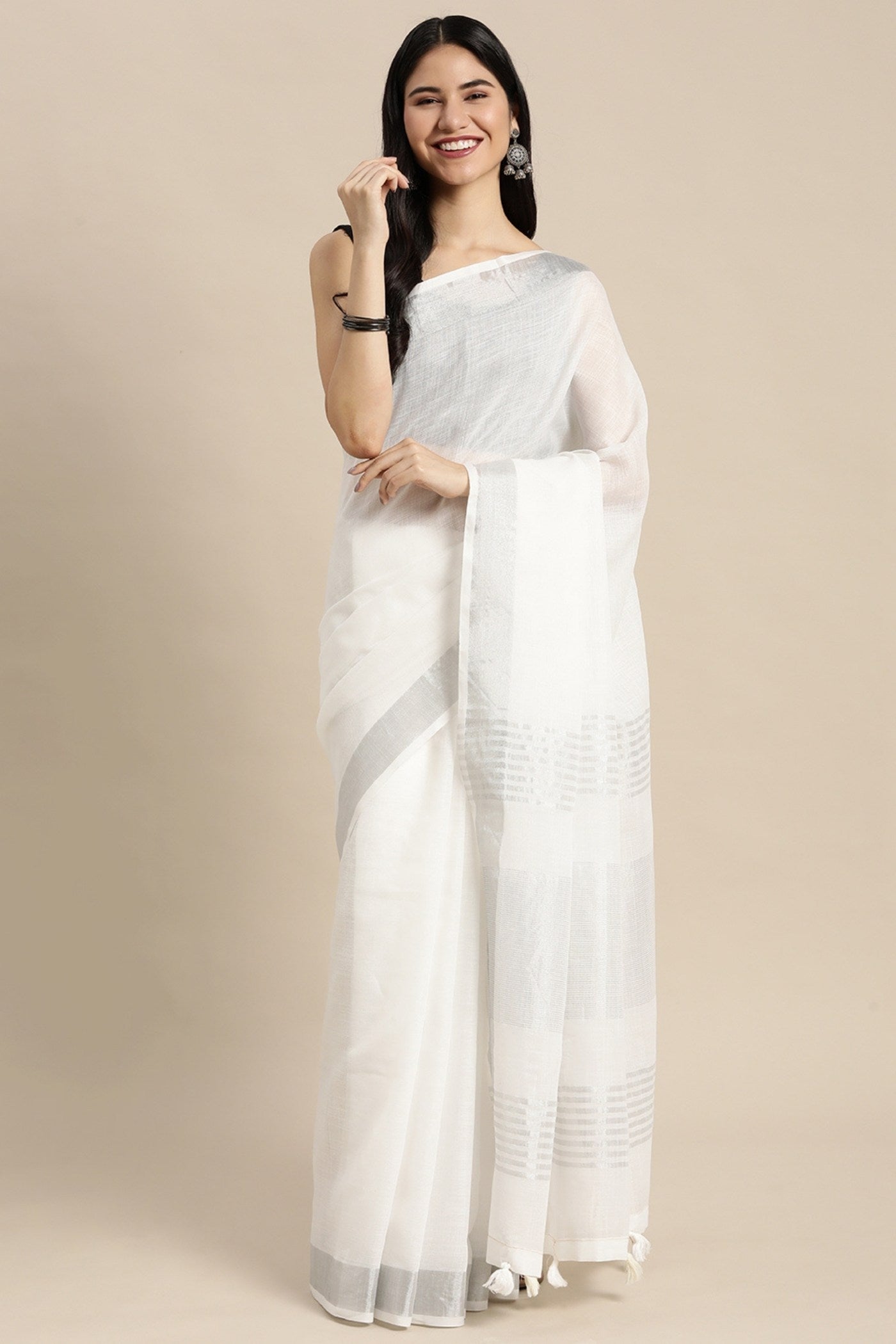 Buy MySilkLove Lily White Woven Linen Cotton Saree Online