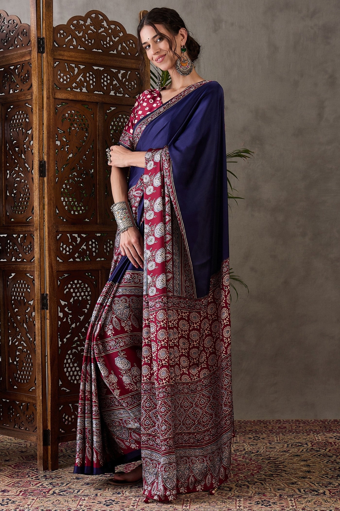 Buy MySilkLove Navy Blue Printed Satin Gaji Silk Saree Online