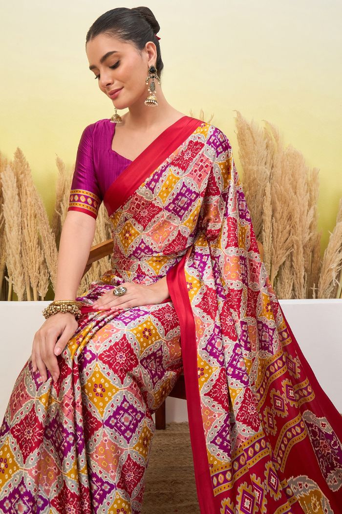 MySilkLove Thistle Purple and Red Patola Printed Satin Crepe Silk Saree