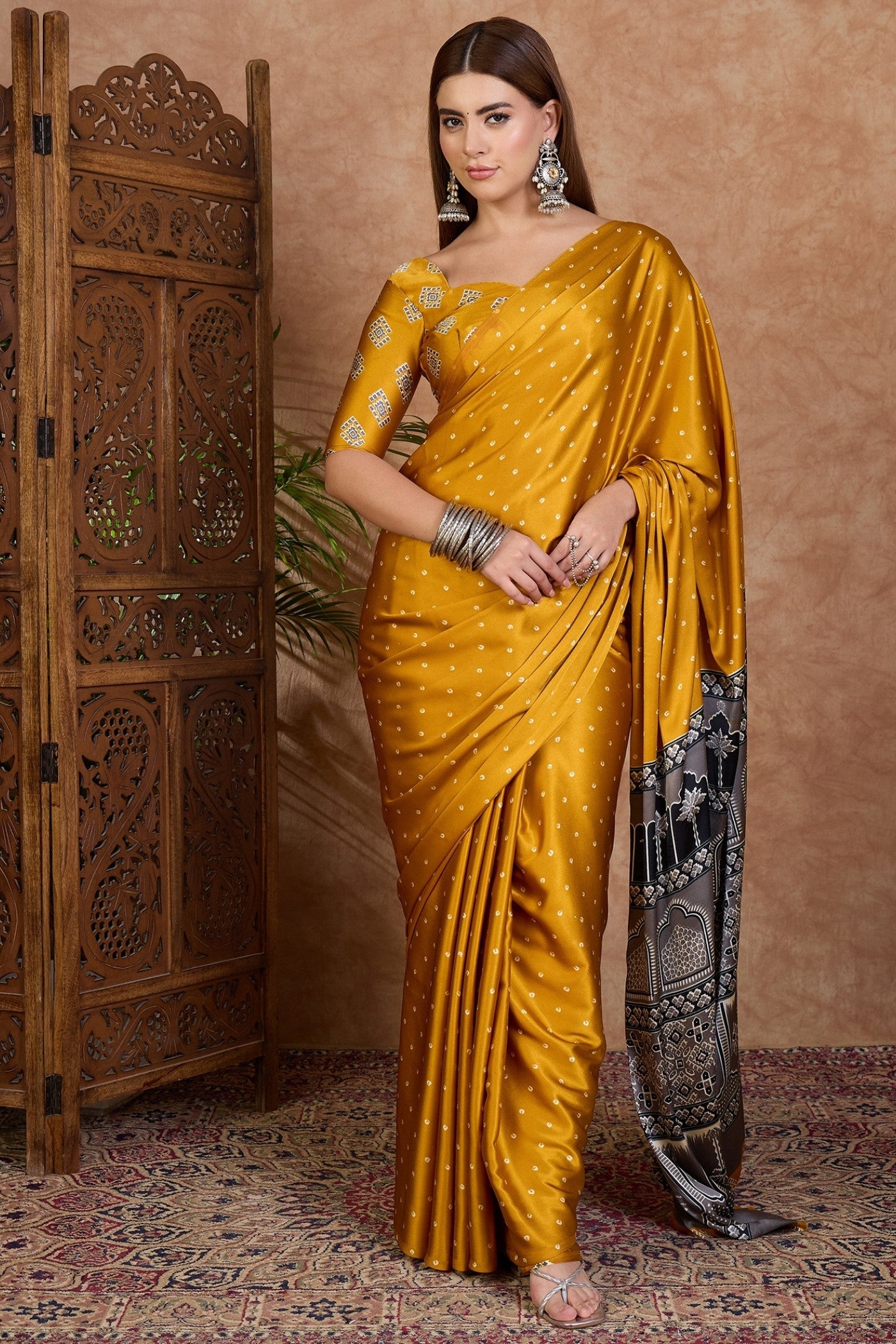 Buy MySilkLove Royal Yellow Ajrakh Printed Satin Crepe Silk Saree Online