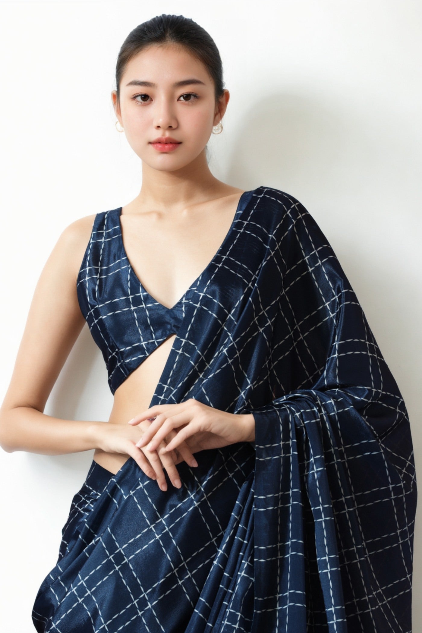 Buy MySilkLove Space Blue Chinon Printed Ready To Wear Saree Online