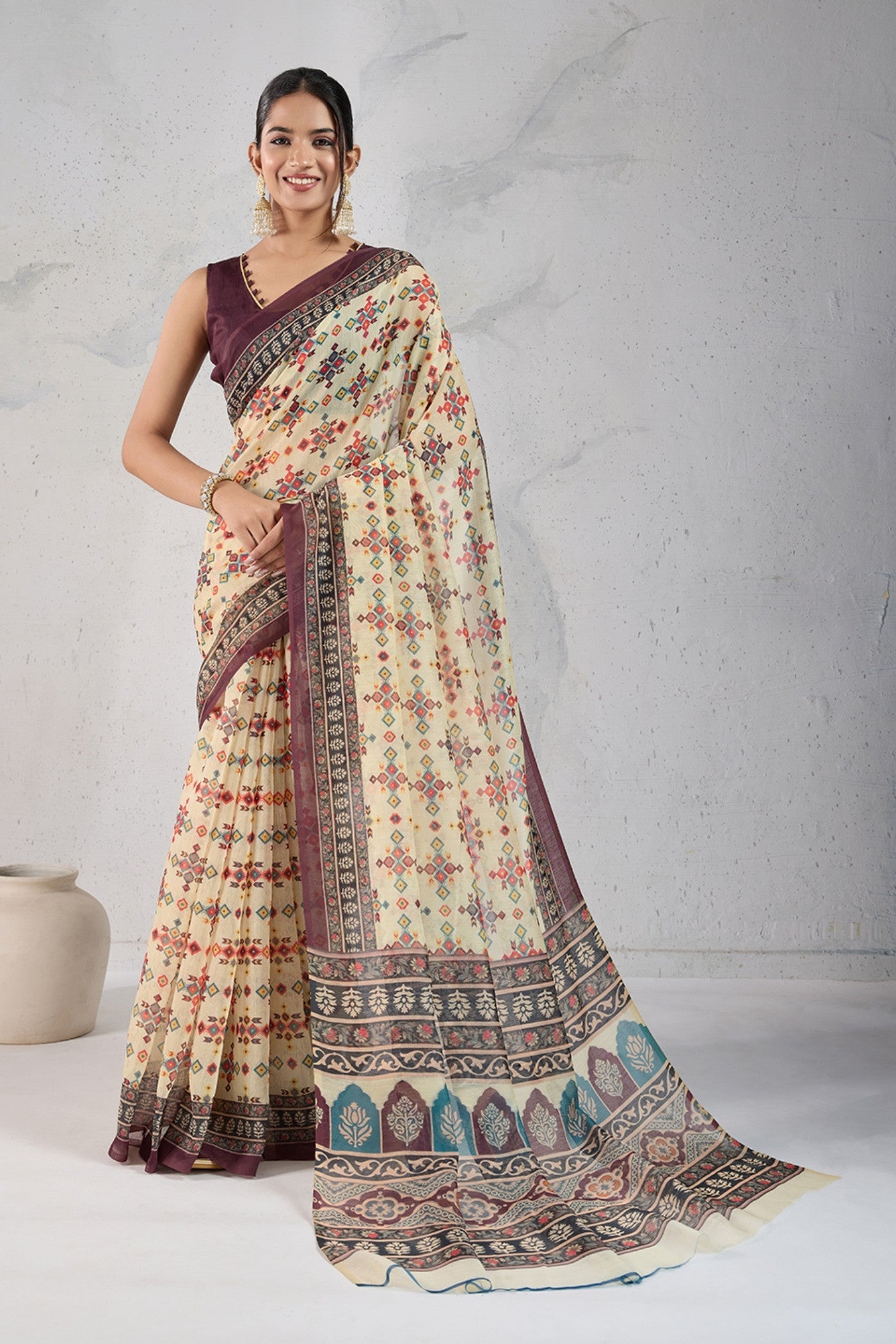 Buy MySilkLove White Smoke Digital Printed Saree Online