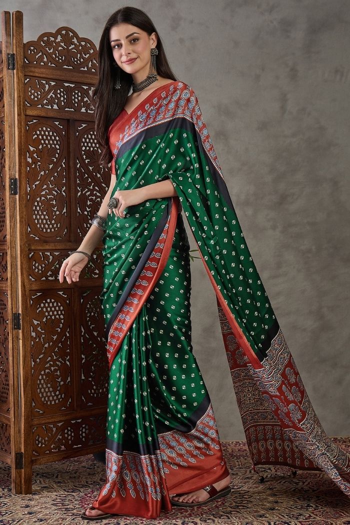 Buy MySilkLove Bottle Green Ajrakh Printed Satin Gaji Silk Saree Online