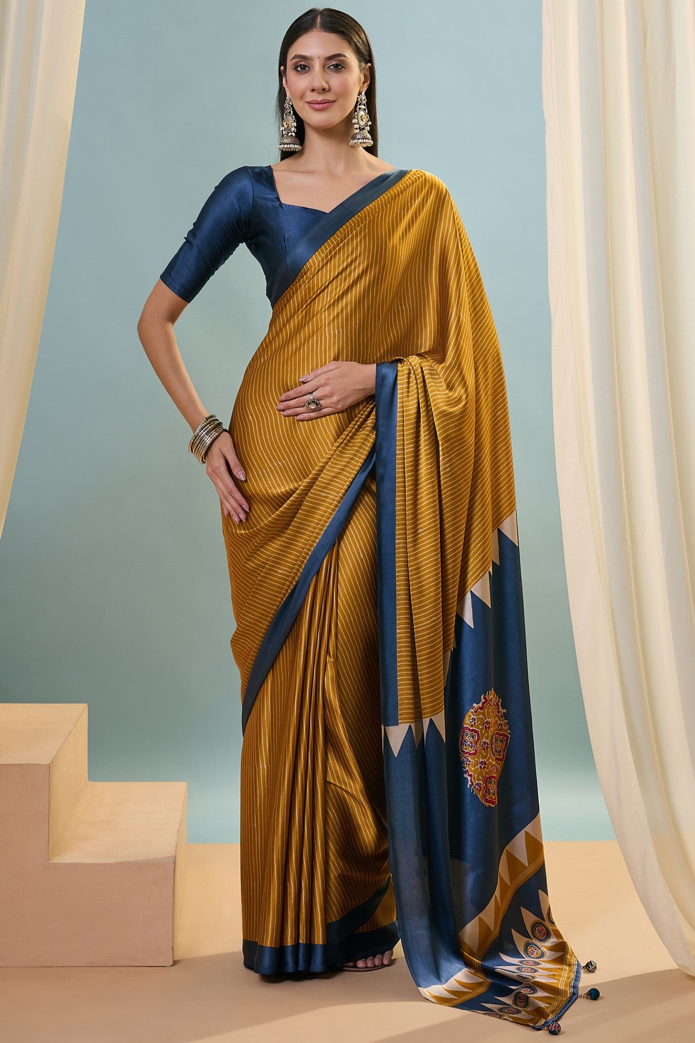 Buy MySilkLove Chrome Yellow Ajrakh Printed Satin Crepe Silk Saree Online