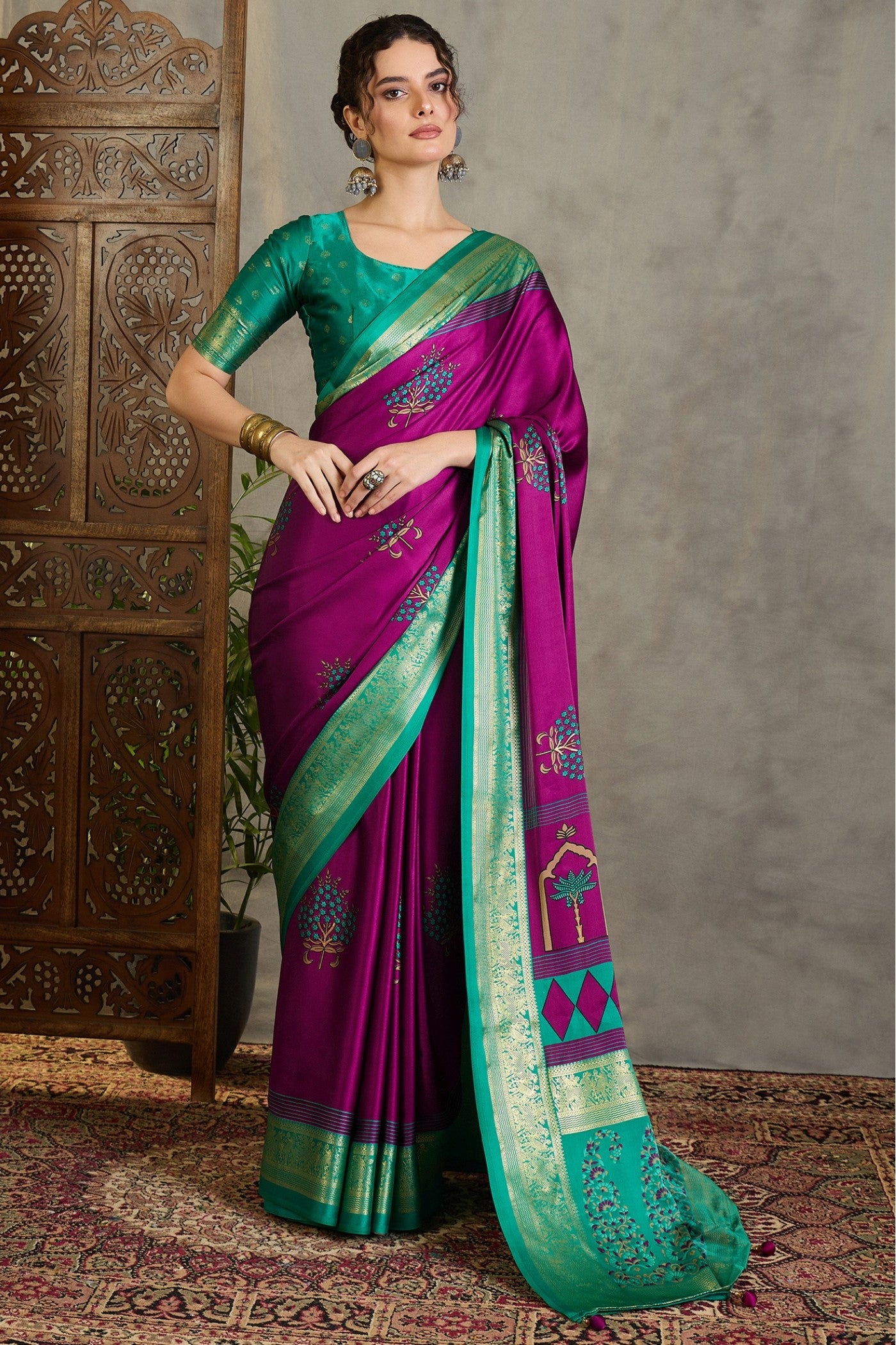 Buy MySilkLove Haze Purple and Green Printed Satin Crepe Silk Saree Online