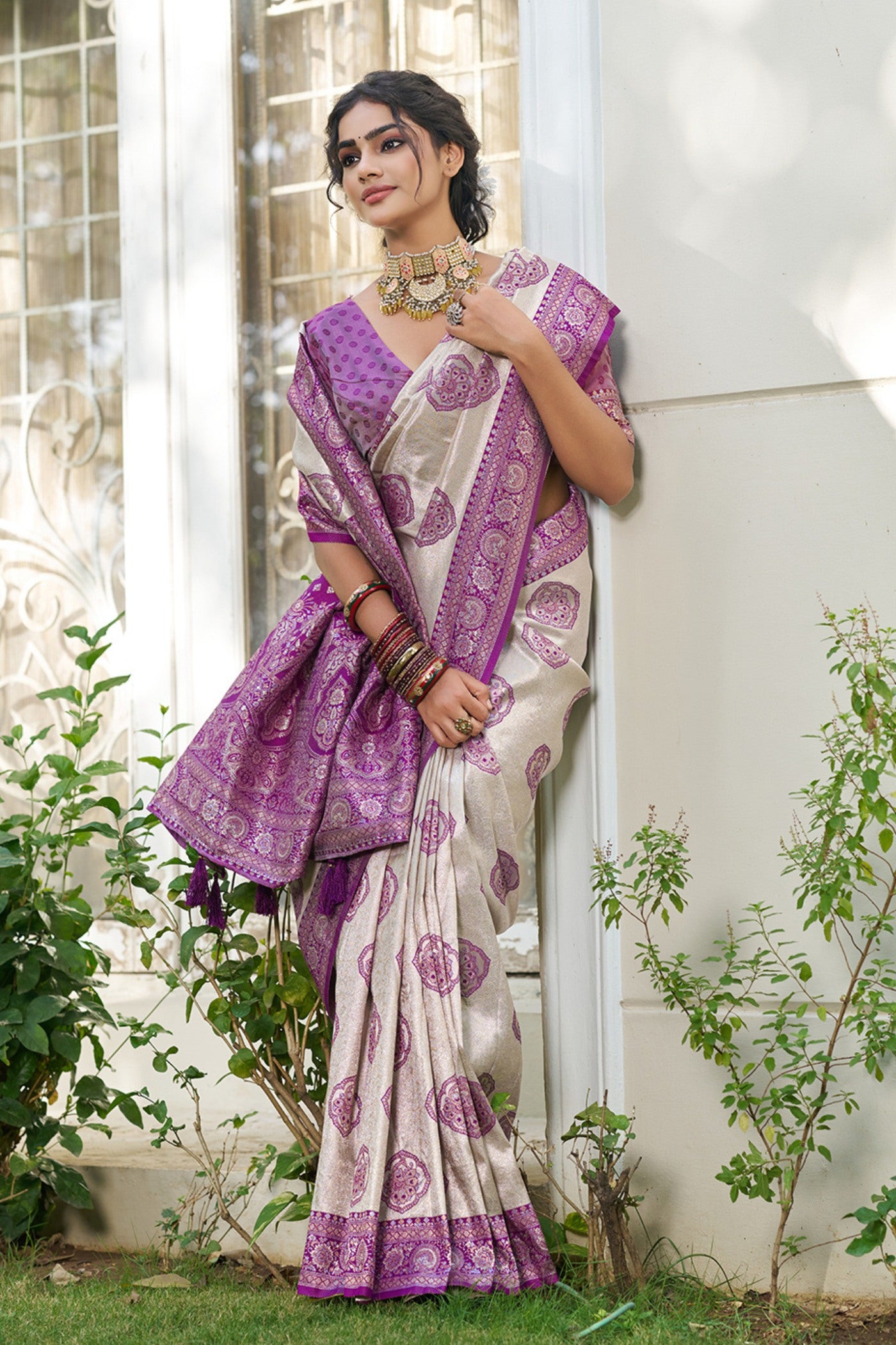 Buy MySilkLove Classic Ivory and Purple Woven Banarasi Saree Online