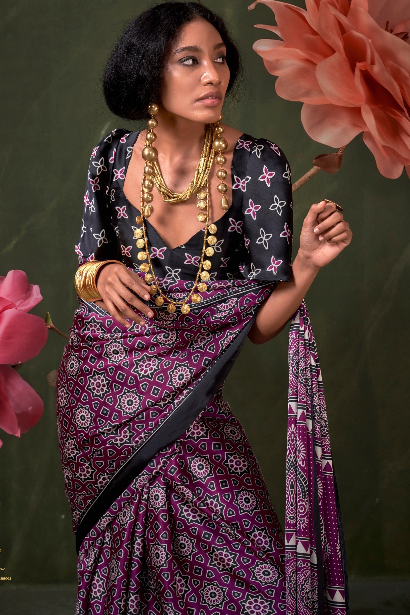 Buy MySilkLove Rebecca Purple Ajrakh Printed Satin Crepe Silk Saree Online