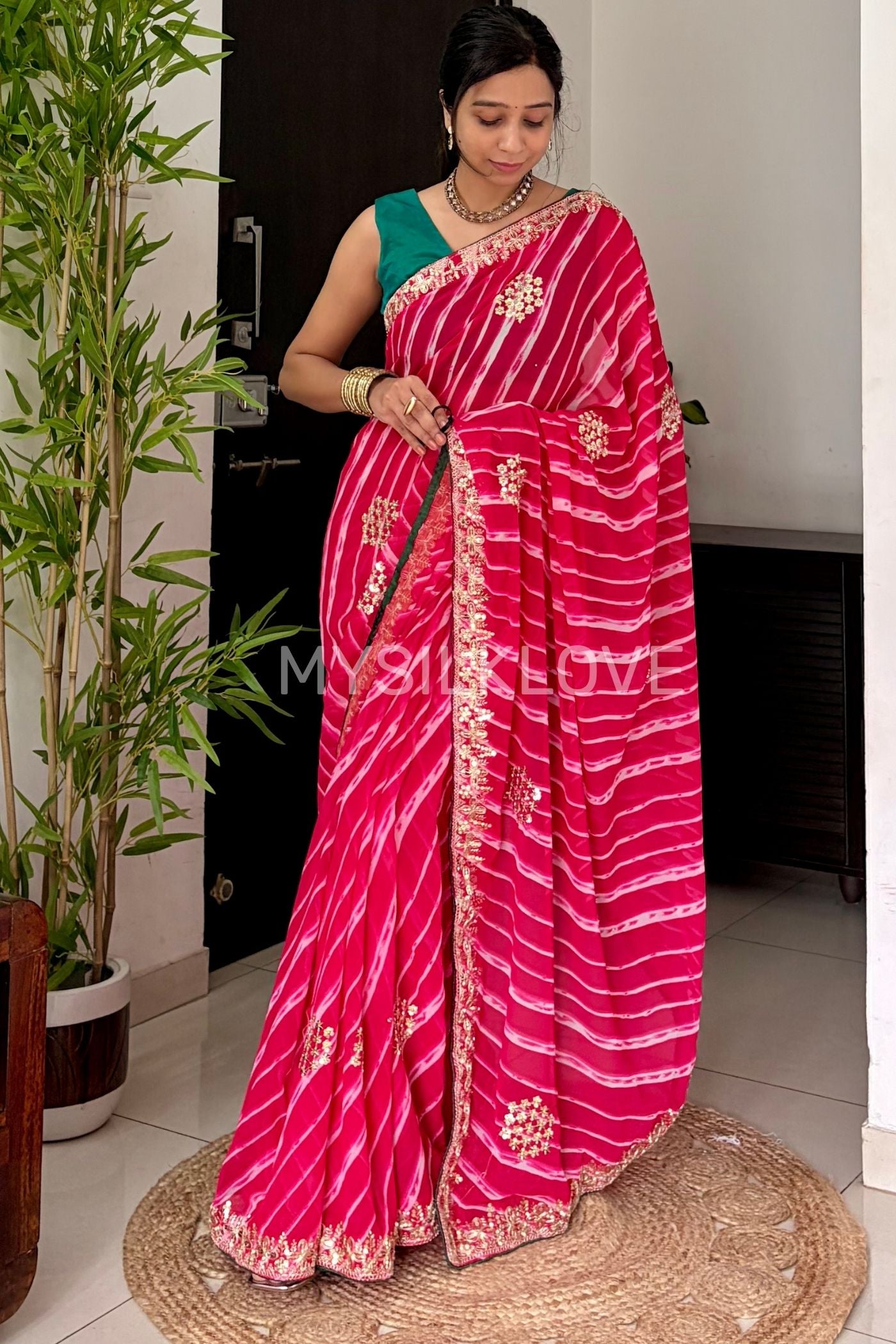 Buy MySilkLove Scarlet Pink Designer Bandhani Saree with Designer Handwork Blouse Online