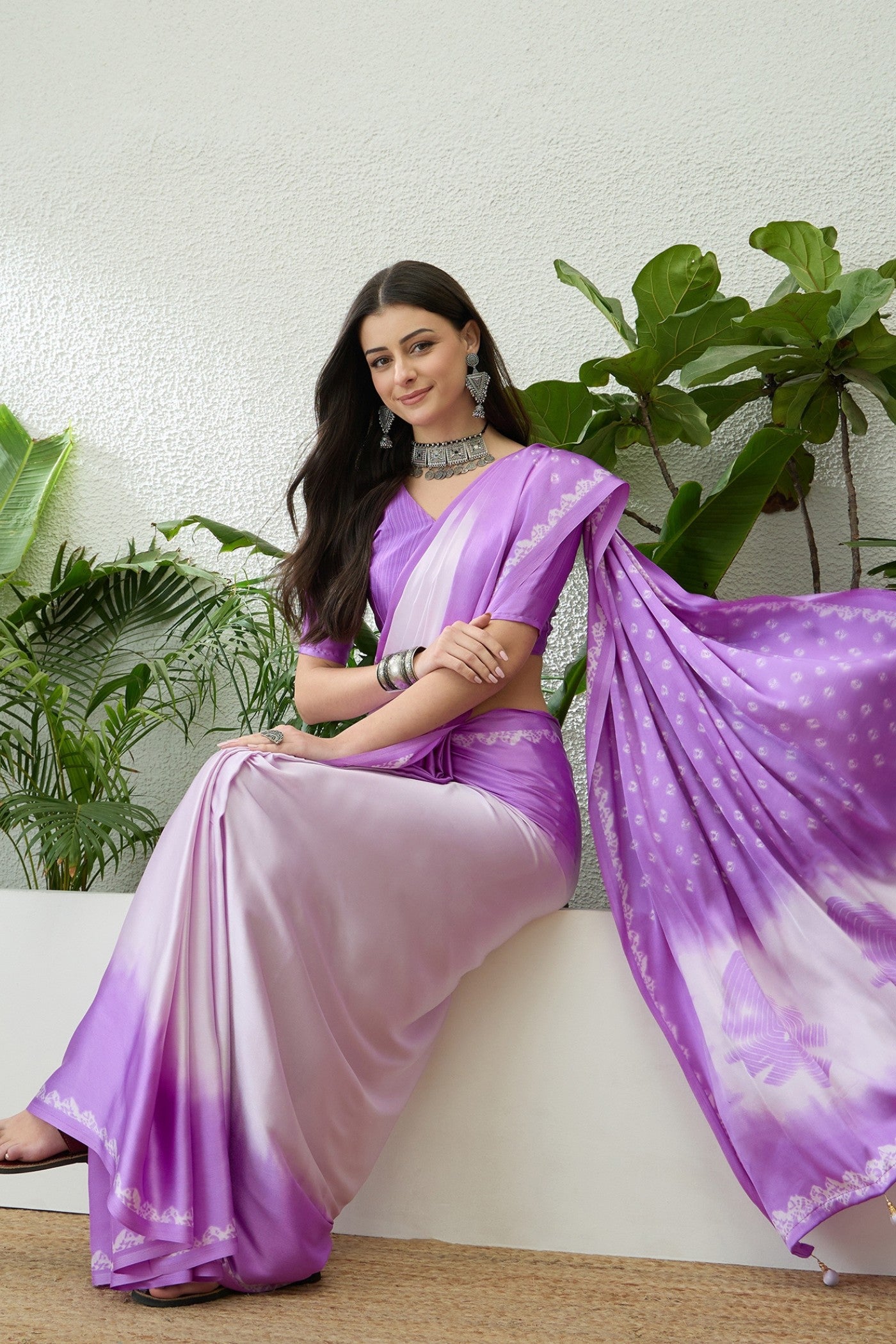 MySilkLove Liseran Purple Printed Satin Crepe Silk Saree