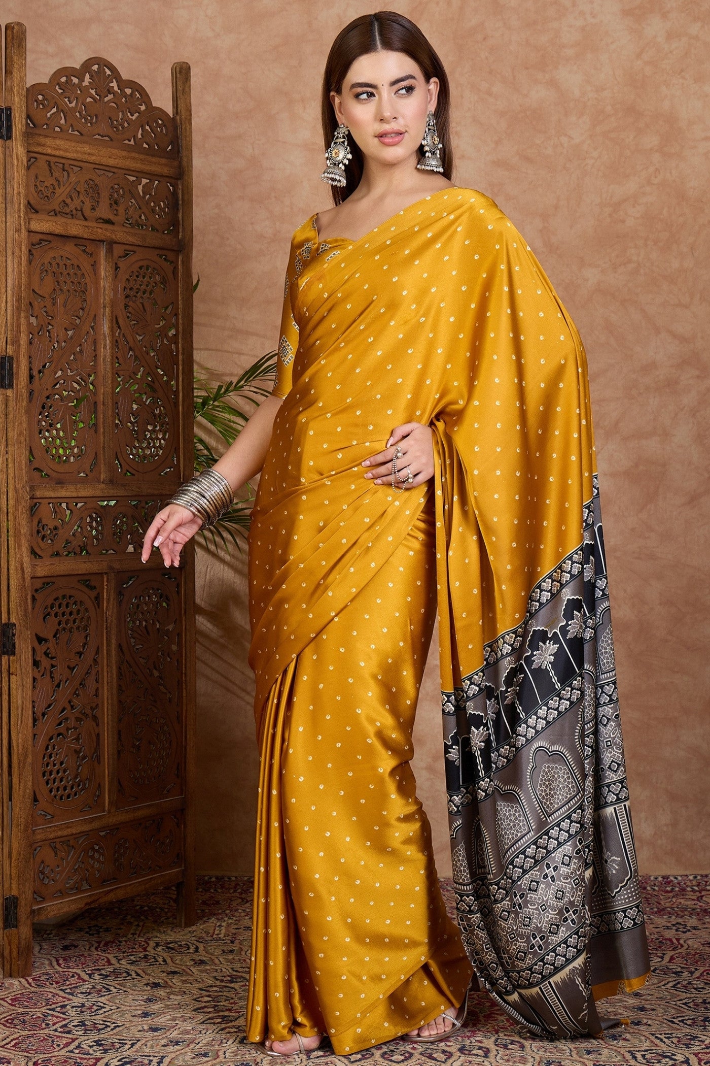 Buy MySilkLove Royal Yellow Ajrakh Printed Satin Crepe Silk Saree Online