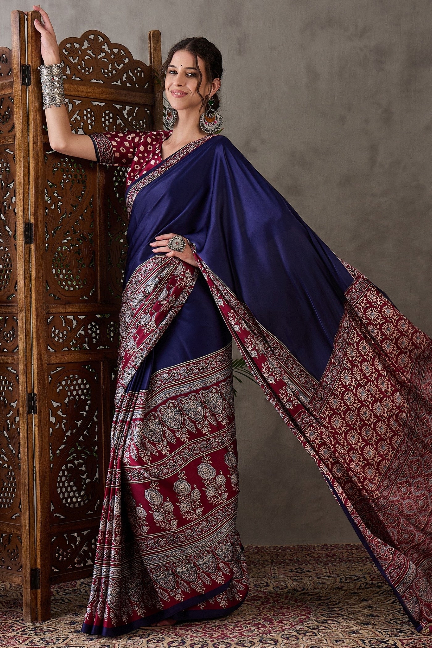 Buy MySilkLove Navy Blue Printed Satin Gaji Silk Saree Online