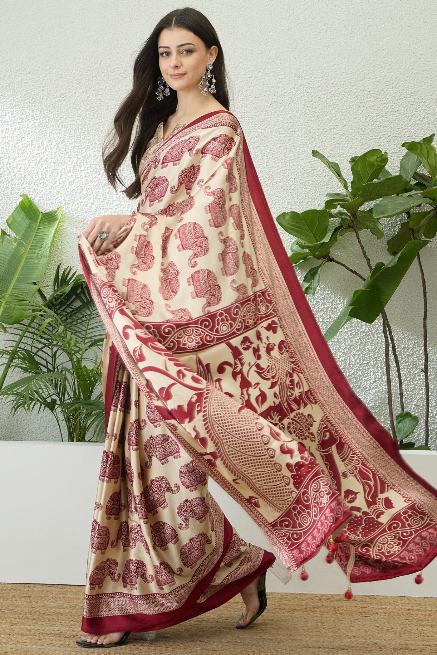 Buy MySilkLove Nacreous Cream and Red Ajrakh Printed Satin Crepe Silk Saree Online